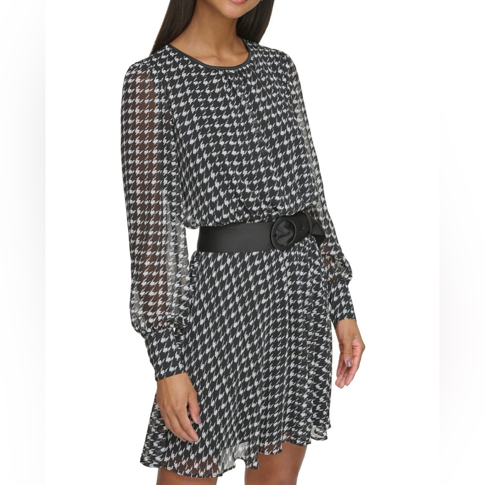 KARL LAGERFELD PARIS Houndstooth Belted Fit & Flare Dress, Size 14 - Picture 3 of 16